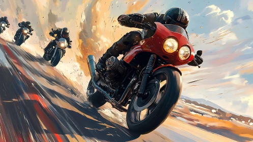 Digital painting of motorcycle racers in fiery desert sprint.