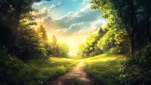 Sunlit Forest Path in Vibrant Digital Art Landscape Style.