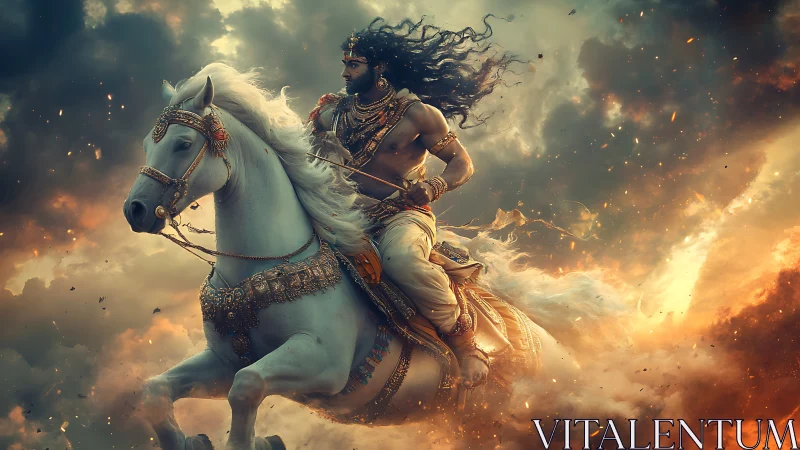 Warrior on white horse charging through fiery storm.