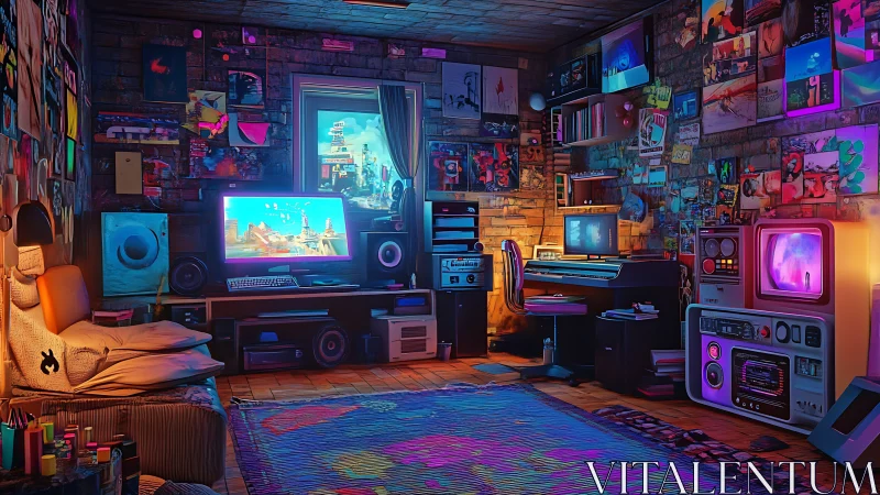 Neon-lit retro gamer studio with eclectic poster wall interior.