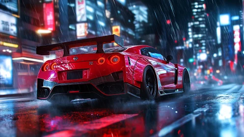 Wide-angle night render shows red GT sports car in rain-soaked neon city