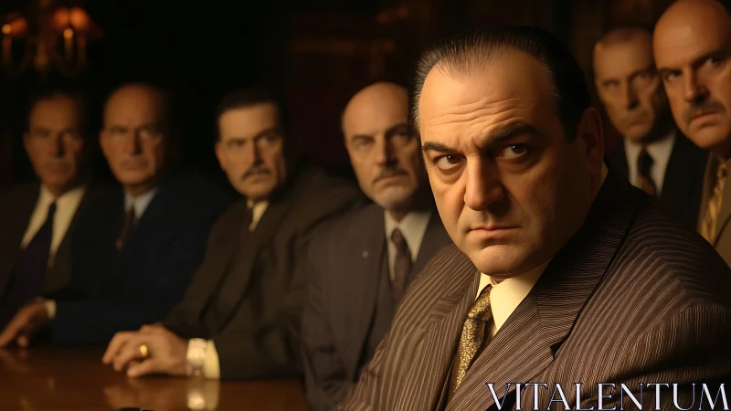 Mob boss sits at dark table flanked by stern advisors