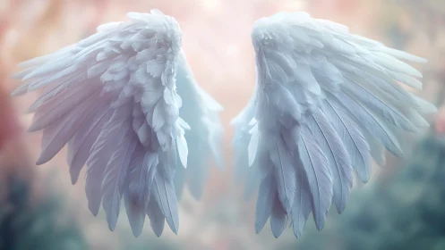 Symmetrical white feathered wings on soft blurred backdrop.