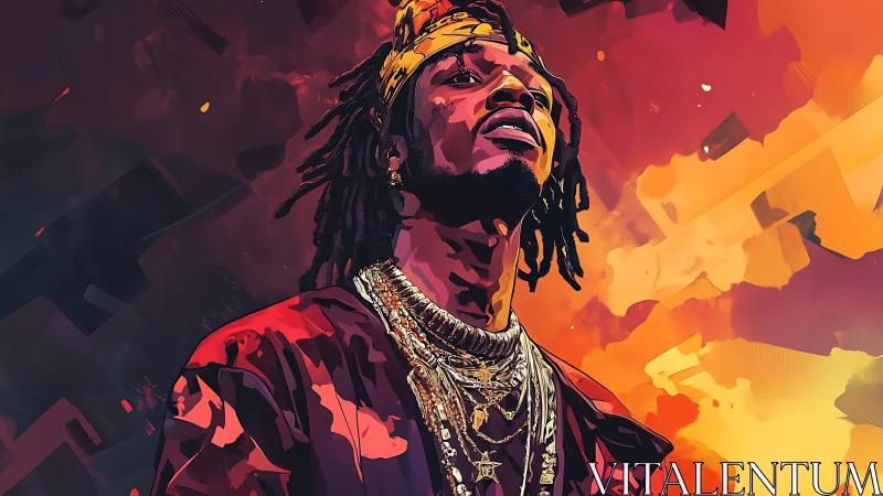 Stylized hip hop portrait glows in bold red and gold light