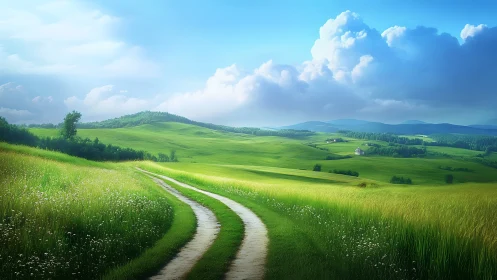 Sunlit country lane curling through dreaming green hills.