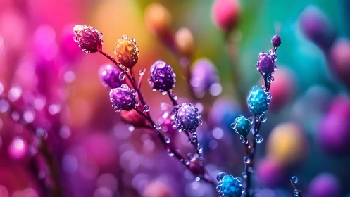Macro capture of multicolored buds with refractive water droplets