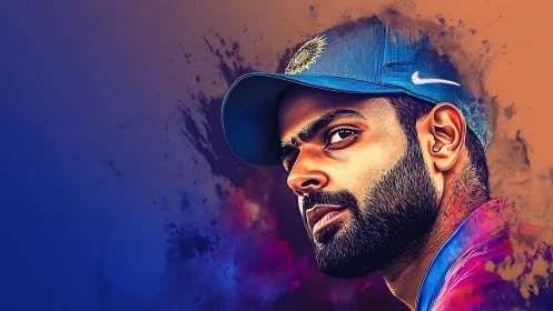 Cricket captain in electric splatter portrait stare-down.