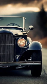 Classic dark roadster parked on empty rural roadway.