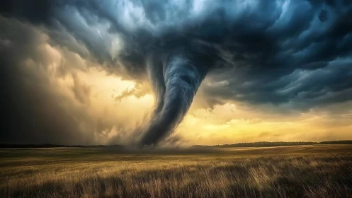 Twilight tornado unravels the sky above wind-swept plains.