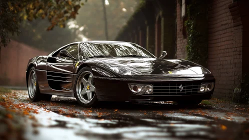 Black Ferrari sports car on wet autumn city street.