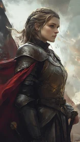 Battle-hardened warrior woman in weathered steel armor.