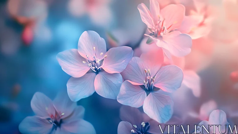 Delicate Pink Blossoms Against Blue Bokeh Background