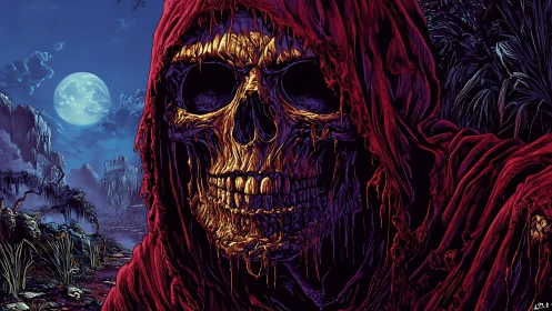 Hooded skeletal figure in red cloak under moonlit sky.