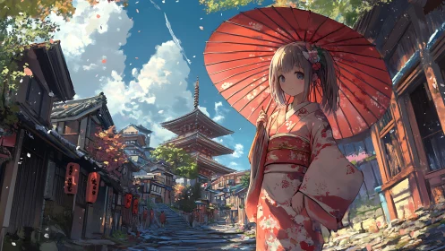 Kimono girl walks old Kyoto street under red parasol