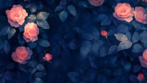Coral Roses Against Indigo Foliage: Digital Botanical Study.