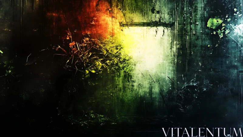 Rust-streaked wall glows with fractured neon light bands.