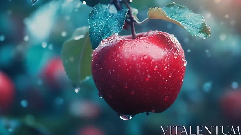Red apple with water droplets hangs from branch in focus