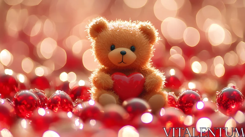 Teddy Bear Holding Red Heart Among Christmas Ornaments.