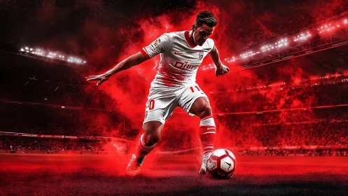 Dynamic soccer player dribbling ball in red stadium haze.