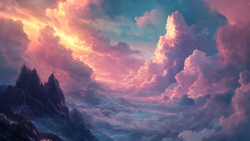 Atmospheric fantasy skyscape with luminous cloud architecture.