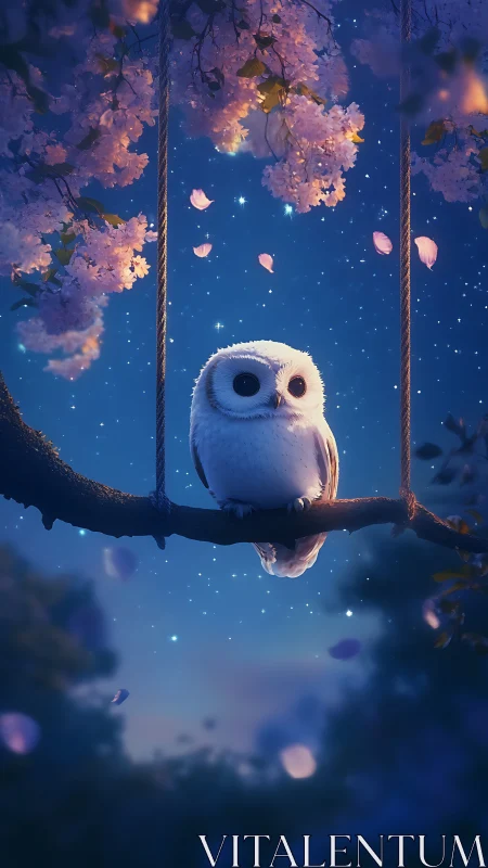 Nocturnal owl on floral swing rendered in dreamy digital painting