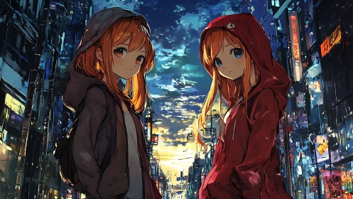Dual-hooded anime twins stand in neon urban corridor at dusk