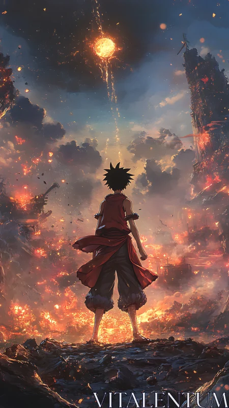 Lone anime warrior facing burning city under falling sun.