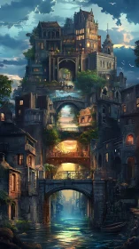 Tiered fantasy canal city glows through shifting daylight.