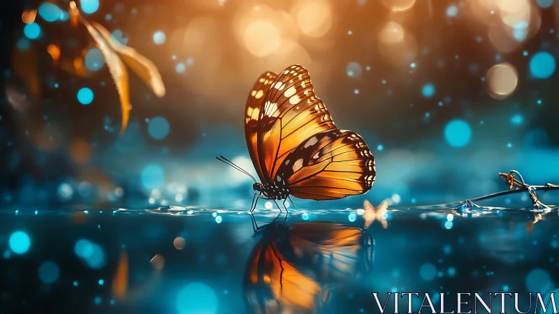 Twilight-winged butterfly sipping light from glassy water.