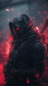 Hooded crimson wraith in embers with cinematic rim lighting.