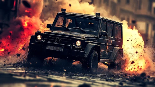 Armored urban SUV traversing explosive debris field dynamically.