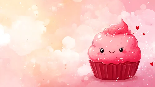 Whimsical Pink Cupcake Character with Radiant Smile and Sparkle Effects.