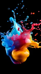 Multicolored liquid splash forms abstract flowing shapes.