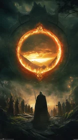 Fiery celestial gate opens above gathered fantasy warriors