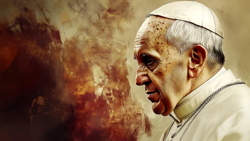 Profile portrait of elderly cleric against abstract sienna field.