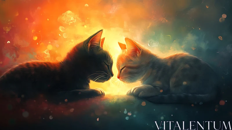 Two Cats Touching Noses in Radiant Golden Light.