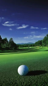 Lone golf ball dreaming on emerald fairway under vast sky.