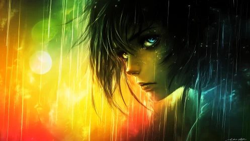 Chromatic rain portrait isolates a luminous, melancholic gaze