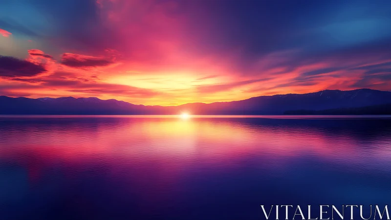 Sunset over calm lake with vivid pink and blue sky.