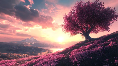 Sunset blossom tree overlooking peaceful pink valley.