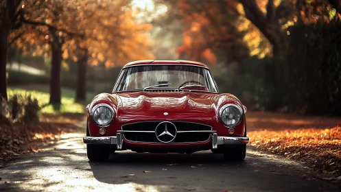 Classic red Mercedes roadster framed by autumn foliage glow.