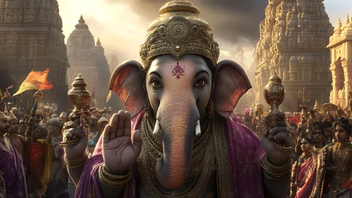 Ganesha deity stands before temple crowd during street festival