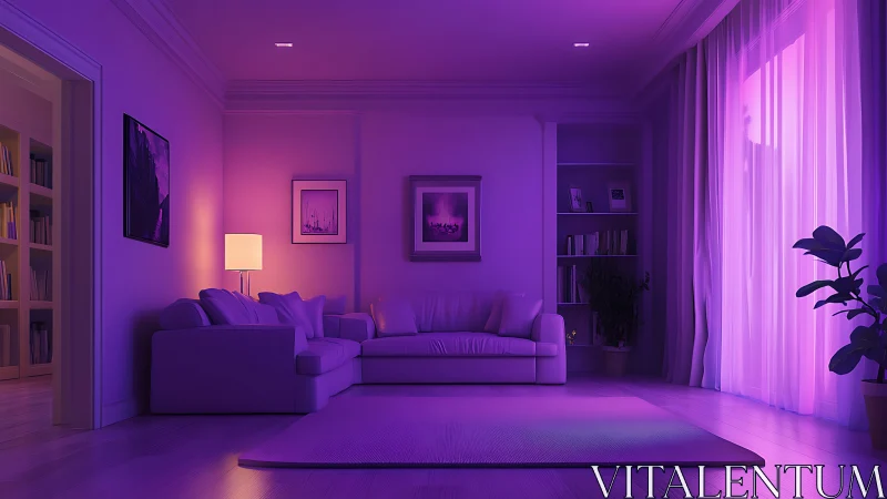 Violet-lit modern lounge with sofa and ambient glow.
