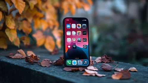 Smartphone with colorful app icons positioned on autumn leaf surface.