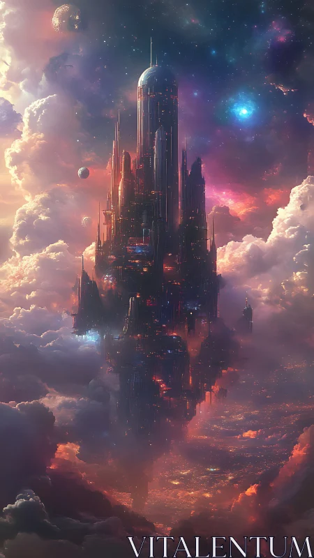 Vertical orbital megacity tower in nebular cloudscape at dusk