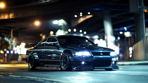 Midnight tuner car glows under neon city overpass lights