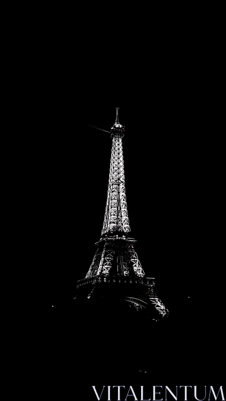 Eiffel Tower illuminated at night against black sky.
