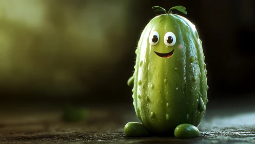 Rendered cucumber character sits on surface under soft light