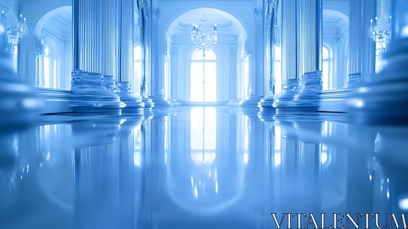 Glacial neoclassical colonnade with reflective marble floor