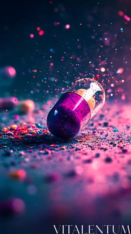 Iridescent capsule exploding amid neon micro particles.
